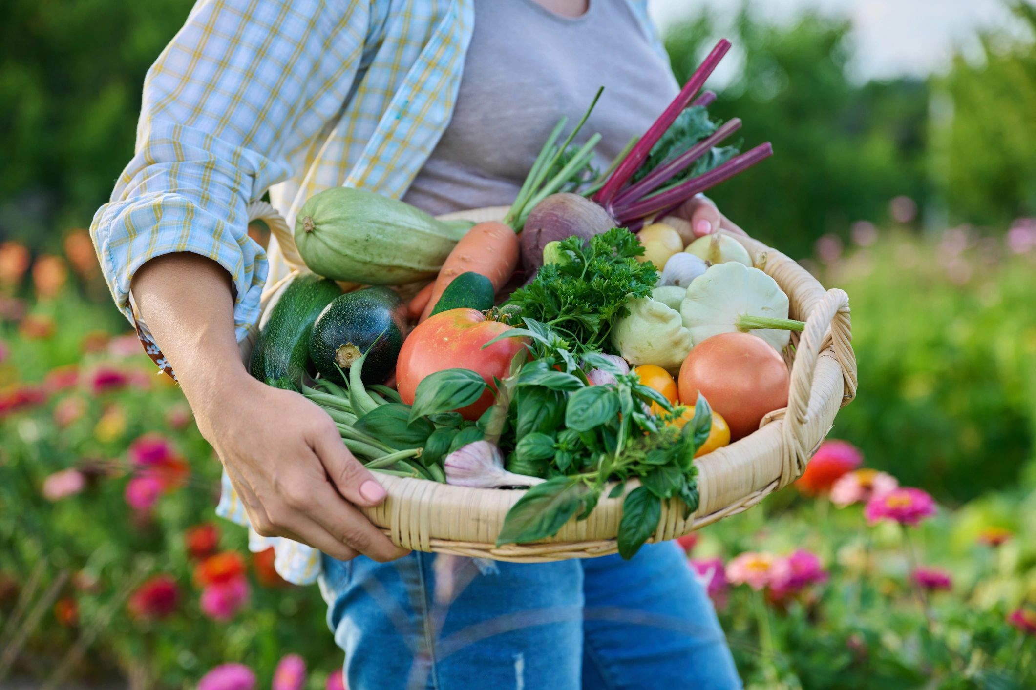 Farm worker holding organic produce basket